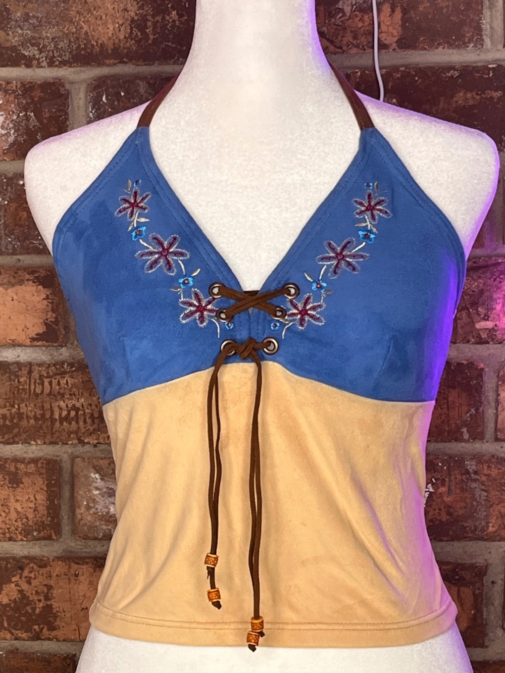 Sky Blue/Tan/Brown, Embroidered Flowers, Back-Out Halter